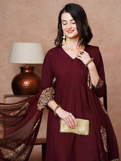 Ekamithila F&B Women's Rayon Blend Solid Anarkali Kurta with Pant & Dupatta