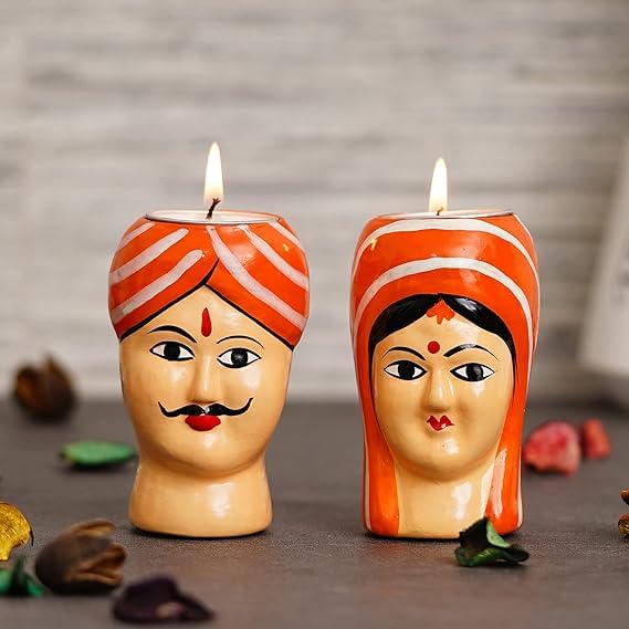 Ekamithila Rajasthani Raja Rani Tealight Candle Stand for Diwali Decoration, Living Room, Office, Drawing Room, (included 2 Tealight Candle) 10*5*9 cm