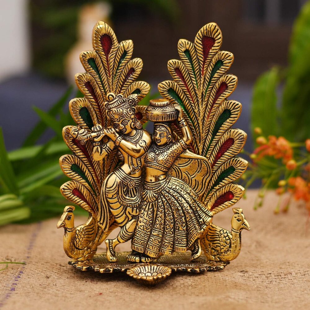 Ekamithila Radha Krishna Idol Showpiece with Diya for Puja and Home Decor (8 x 6 Inches), Metal, Gold