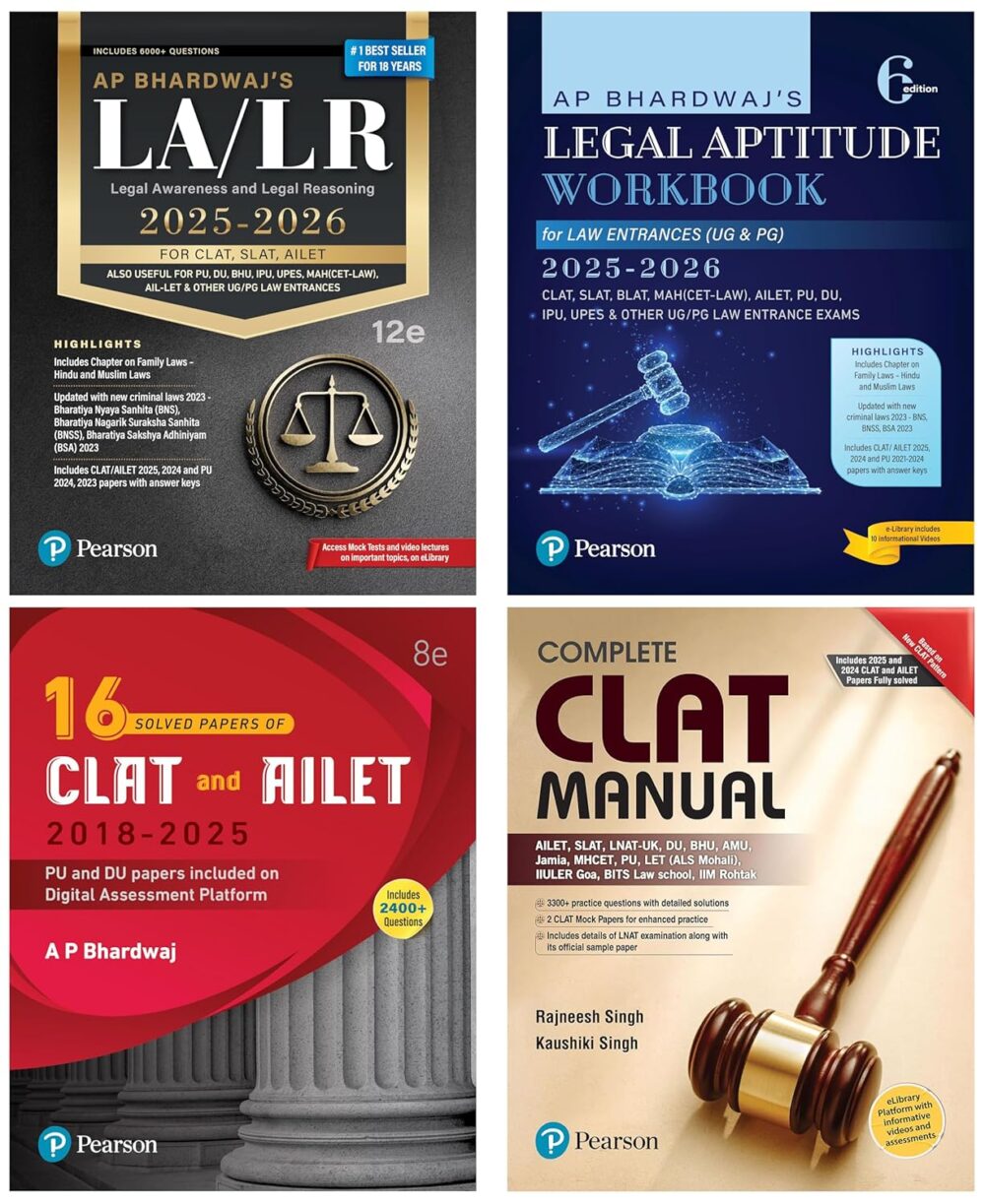 Pearson Legal Awareness & Legal Reasoning, Legal Aptitude Workbook, Complete CLAT Manual, 16 years solved PYQ - CLAT & AILET| Set of 4 Books- 2025|Solved Paper - 2025| 8400 + questions & solutions Product Bundle